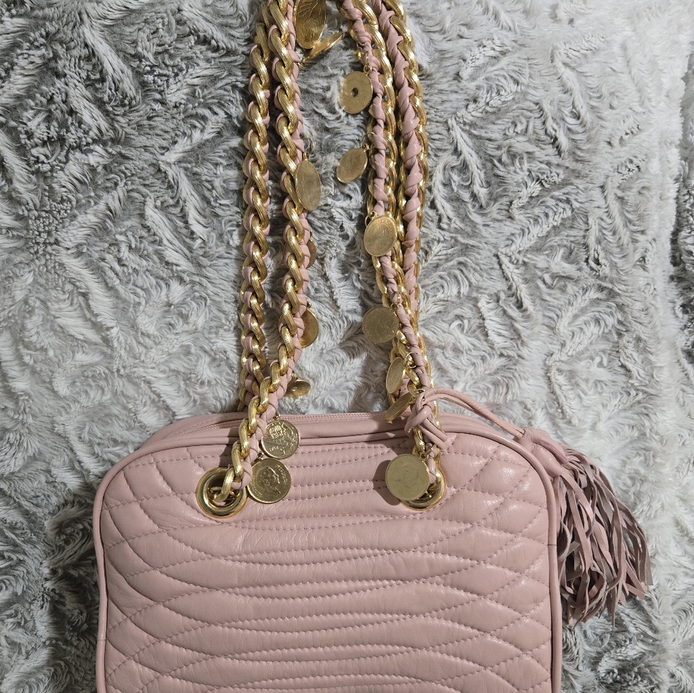 Paola By Pdl Firenze Pink Quilted Shoulder Bag with Gold Coin Charms